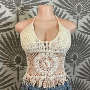 Crochet Macramé Halter Top Cropped Women Sz S/M White V Neck Festival Coachella